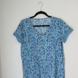 Pure Jill Blue Floral Large Pullover Cotton V-Neck Short Sleeve Blouse